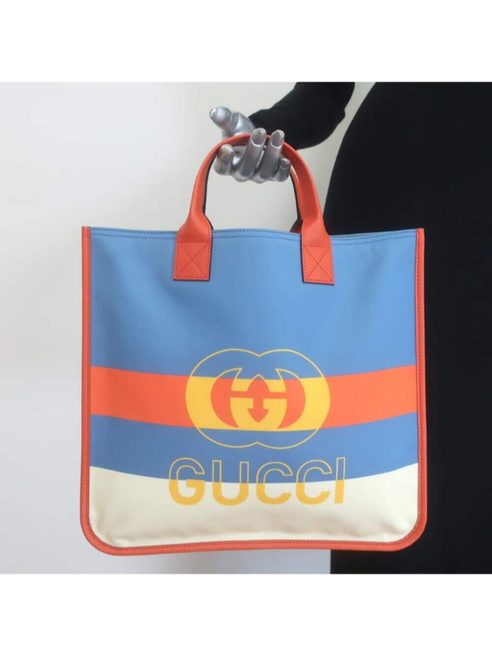 Gucci Kids Interlocking G Logo Striped Nylon Tote Bag Orange/Blue NEW